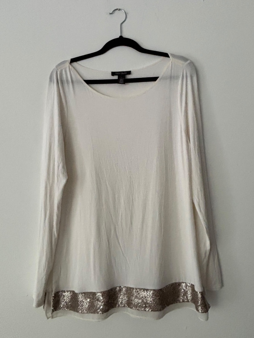 White House Black Market Women's L Ivory Gold Sequin Hem Long Sleeve Layered Top